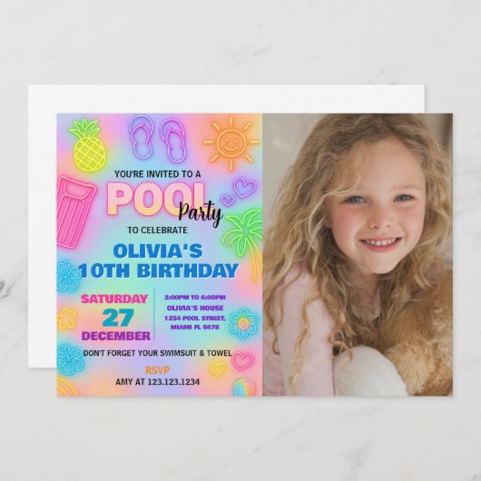 Neon Pool Verjaardag Uitnodiging met foto (Voorkant / Achterkant)
