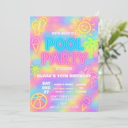 Neon Pool verjaardagsfeestje uitnodiging (Staand voorkant)