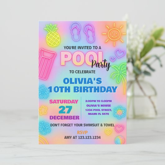 Neon Pool verjaardagsuitnodiging Kaart (Staand voorkant)