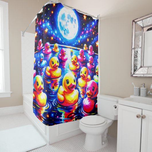 "Neon Poolside Duckies" Douchegordijn (In situ)