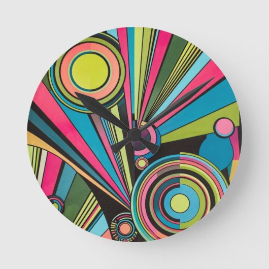 Neon Pop Art Deco: Electric Geometric Radio Waves Ronde Klok (Voorkant)