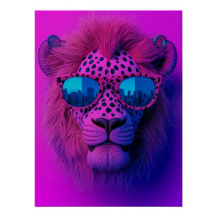 Neon Pop Art Leeuw met Blauwe Zonnebril Perfect Poster