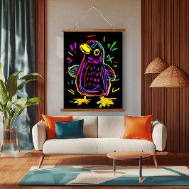 Neon Pop Art Penguin: leuk en levendig kunstwerk Hangend Wandkleed