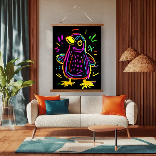 Neon Pop Art Penguin: leuk en levendig kunstwerk Hangend Wandkleed