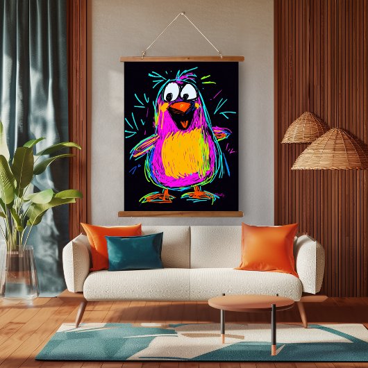 Neon Pop Art Penguin: speels en kleurrijk Hangend Wandkleed