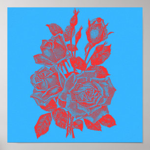 Neon Pop-Art Rozen: Levendig Rode Gravure Poster
