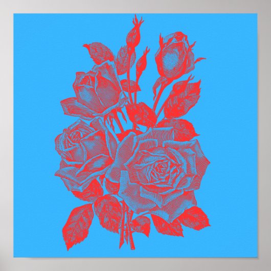 Neon Pop-Art Rozen: Levendig Rode Gravure Poster (Voorkant)
