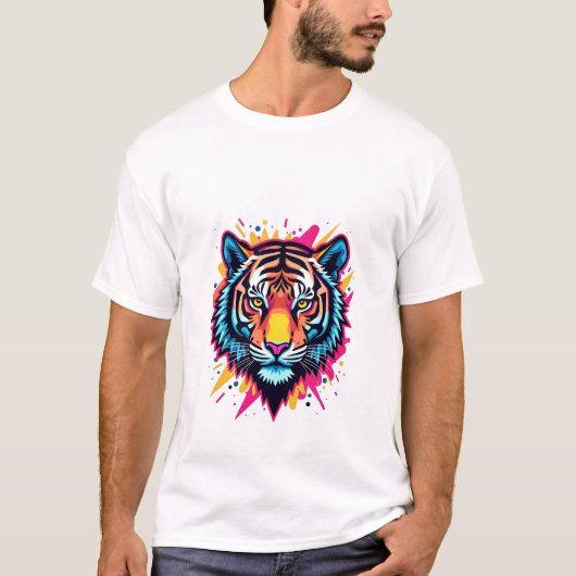 Neon Pop-Art Tiger Design T-shirt (Voorkant)