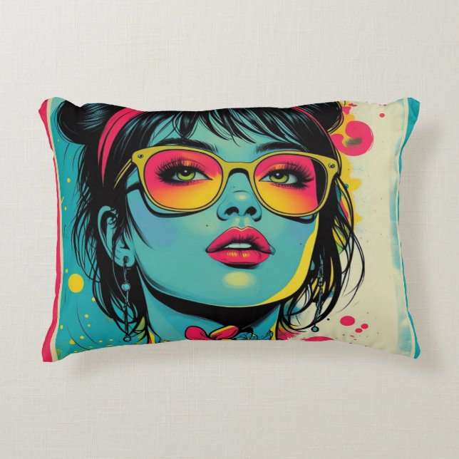 Neon Pop Diva Portrait – Bold & Vibrant Retro Art Accent Kussen (Voorkant)