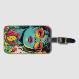 Neon Pop Diva Portrait – Bold & Vibrant Retro Art Bagagelabel