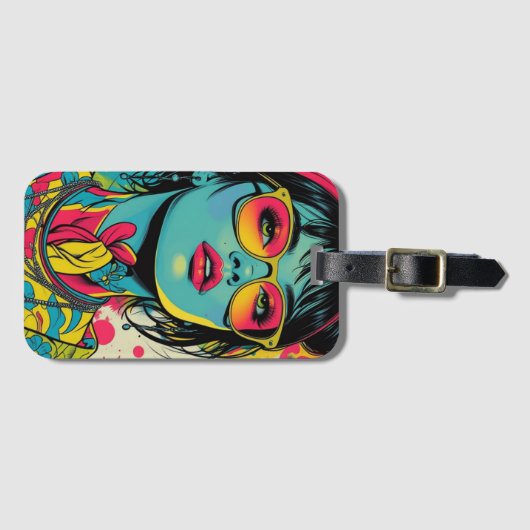 Neon Pop Diva Portrait – Bold & Vibrant Retro Art Bagagelabel (Voorkant (horizontaal))