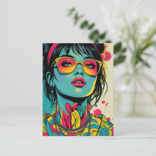 Neon Pop Diva Portrait – Bold & Vibrant Retro Art Briefkaart (Staand voorkant)