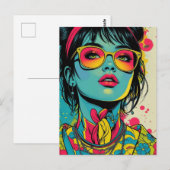 Neon Pop Diva Portrait – Bold & Vibrant Retro Art Briefkaart (Voorkant / Achterkant)
