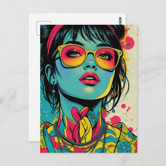 Neon Pop Diva Portrait – Bold & Vibrant Retro Art Briefkaart (Voorkant / Achterkant)