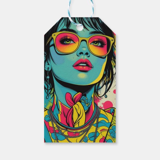 Neon Pop Diva Portrait – Bold & Vibrant Retro Art Cadeaulabel (Achterkant)