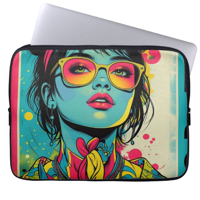 Neon Pop Diva Portrait – Bold & Vibrant Retro Art Laptop Sleeve (Voorkant)