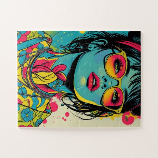 Neon Pop Diva Portrait – Bold & Vibrant Retro Art Legpuzzel (Horizontaal)