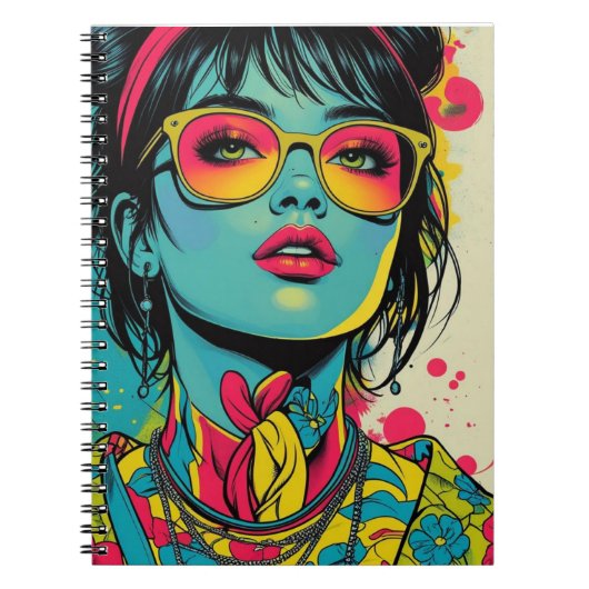 Neon Pop Diva Portrait – Bold & Vibrant Retro Art Notitieboek (Voorkant)
