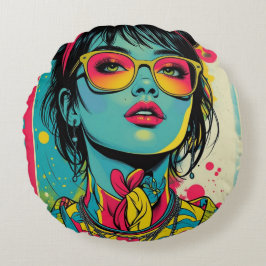 Neon Pop Diva Portrait – Bold & Vibrant Retro Art Rond Kussen
