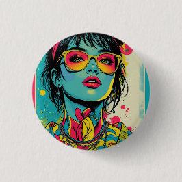 Neon Pop Diva Portrait – Bold & Vibrant Retro Art Ronde Button 3,2 Cm