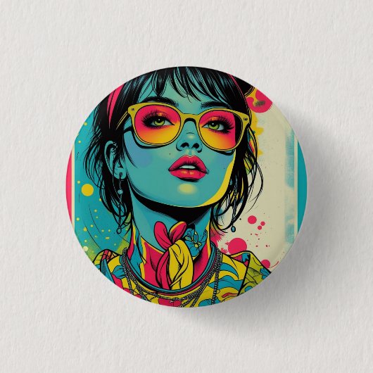 Neon Pop Diva Portrait – Bold & Vibrant Retro Art Ronde Button 3,2 Cm (Voorkant)