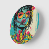 Neon Pop Diva Portrait – Bold & Vibrant Retro Art Ronde Klok (Hoek)