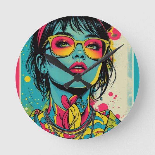 Neon Pop Diva Portrait – Bold & Vibrant Retro Art Ronde Klok (Voorkant)