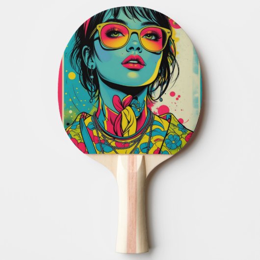 Neon Pop Diva Portrait – Bold & Vibrant Retro Art Tafeltennisbatje (Voorkant)