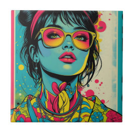 Neon Pop Diva Portrait – Bold & Vibrant Retro Art Tegeltje