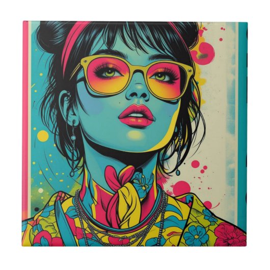 Neon Pop Diva Portrait – Bold & Vibrant Retro Art Tegeltje (Voorkant)