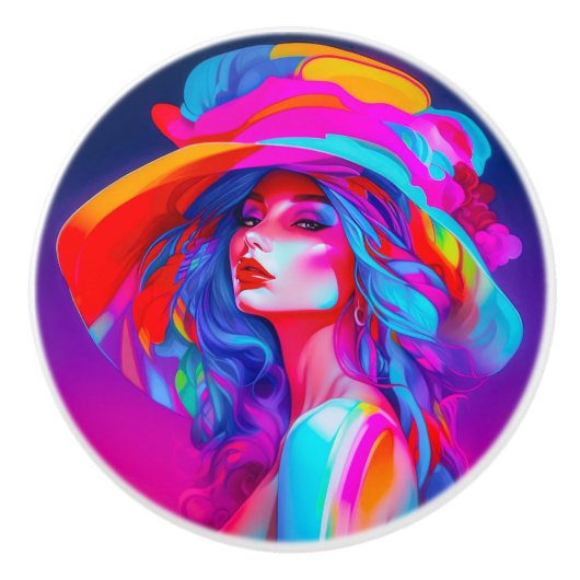 Neon Pop kunstportret Keramische Knop (Voorkant)