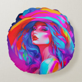Neon Pop kunstportret Rond Kussen