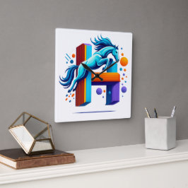 Neon Power Horse Jump Over H Letter Vierkante Klok