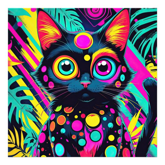 ✨ Neon Psychedelic Cat – Pop Art Design 🎨🐱 Foto Afdruk (Voorkant)