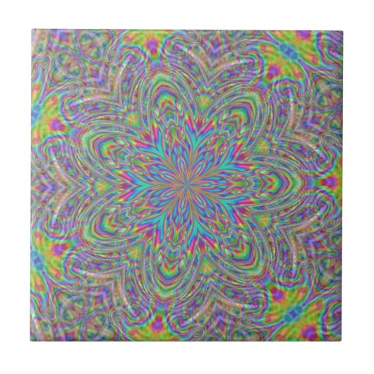 Neon Psychedelic Funky Floral Kaleidoscope Pattern Tegeltje (Voorkant)