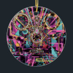 Neon Psychedelic Luxury Lounge Art Keramisch Ornament<br><div class="desc">A vibrant psychedelic interior scene filled with neon light beams, geometric shapes, and luxurious décor. Crystal chandeliers, golden rings, and bold retro patterns create a surreal futuristic lounge atmosphere. The rich mix of pink, teal, and gold tones gives this artwork a striking visual energy inspired by modern psychedelic aesthetics and...</div>