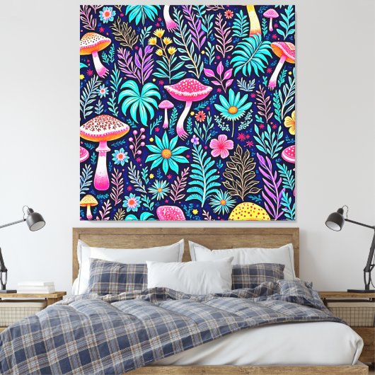 Neon Psychedelic Mushroom Forest Dream Canvas Afdruk (Insitu (Slaapkamer))