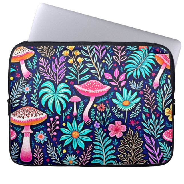 Neon Psychedelic Mushroom Forest Dream Laptop Sleeve (Voorkant)