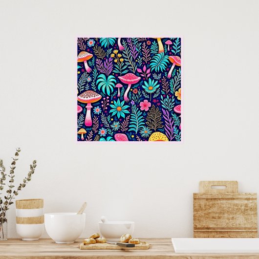 Neon Psychedelic Mushroom Forest Dream Poster (Keuken)