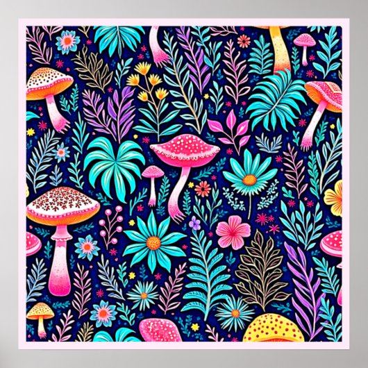 Neon Psychedelic Mushroom Forest Dream Poster (Voorkant)