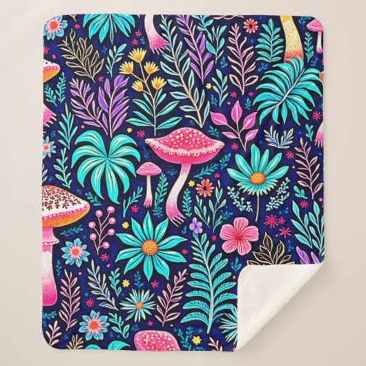 Neon Psychedelic Mushroom Forest Dream Sherpa Deken (Voorkant)