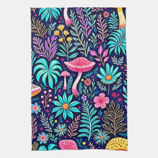 Neon Psychedelic Mushroom Forest Dream Theedoek (Verticaal)
