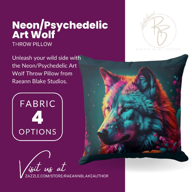Neon/Psychedelische Kunst Wolf Worp Kussen (Creator heeft geüpload)
