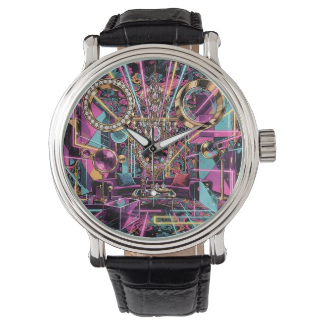 Neon Psychodelische Luxe Lounge Kunst Horloge (Voorkant)