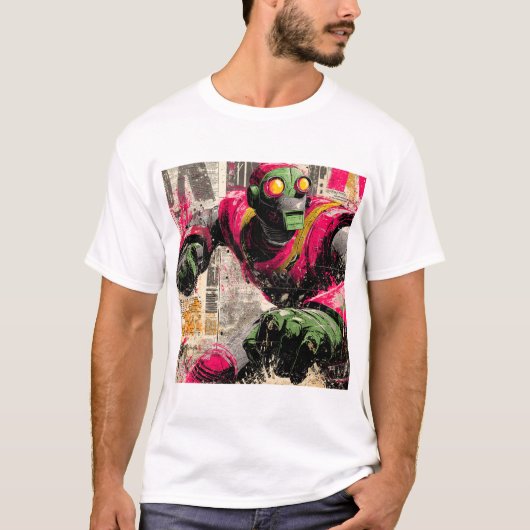Neon Punchbot — Graffiti Kranten Collage Actie T-shirt (Voorkant)