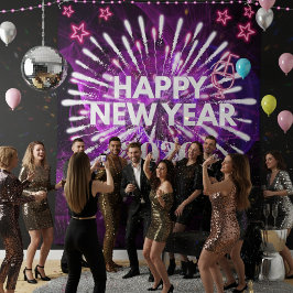 Neon Purple “Happy New Year”Glow Party Backdrop Wandkleed