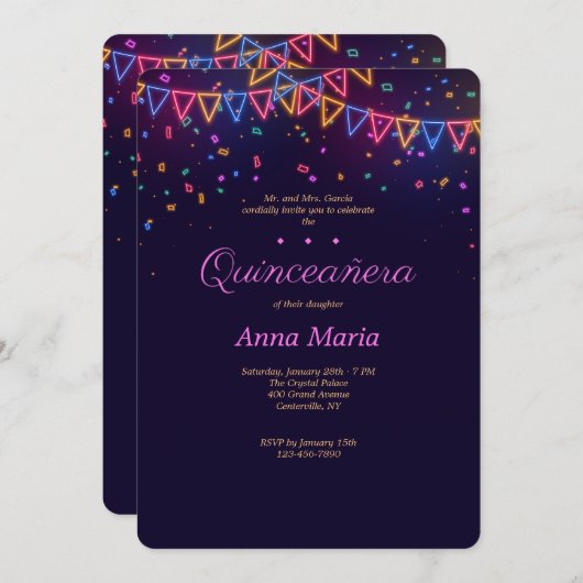 Neon Quinceañera uitnodiging (Voorkant / Achterkant)