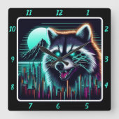 Neon Raccoon Cyber City Vierkante Klok (Voorkant)
