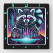 Neon Raccoon Skyline Pulse Vierkante Klok (Voorkant)