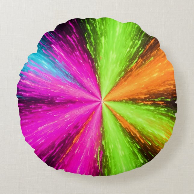 Neon Radial Burst Explosion Rond Kussen (Voorkant)